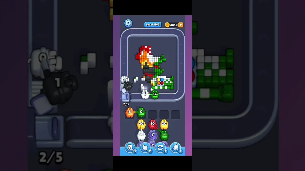 Pixel Flow Level 1163 grid layout and solution screenshot