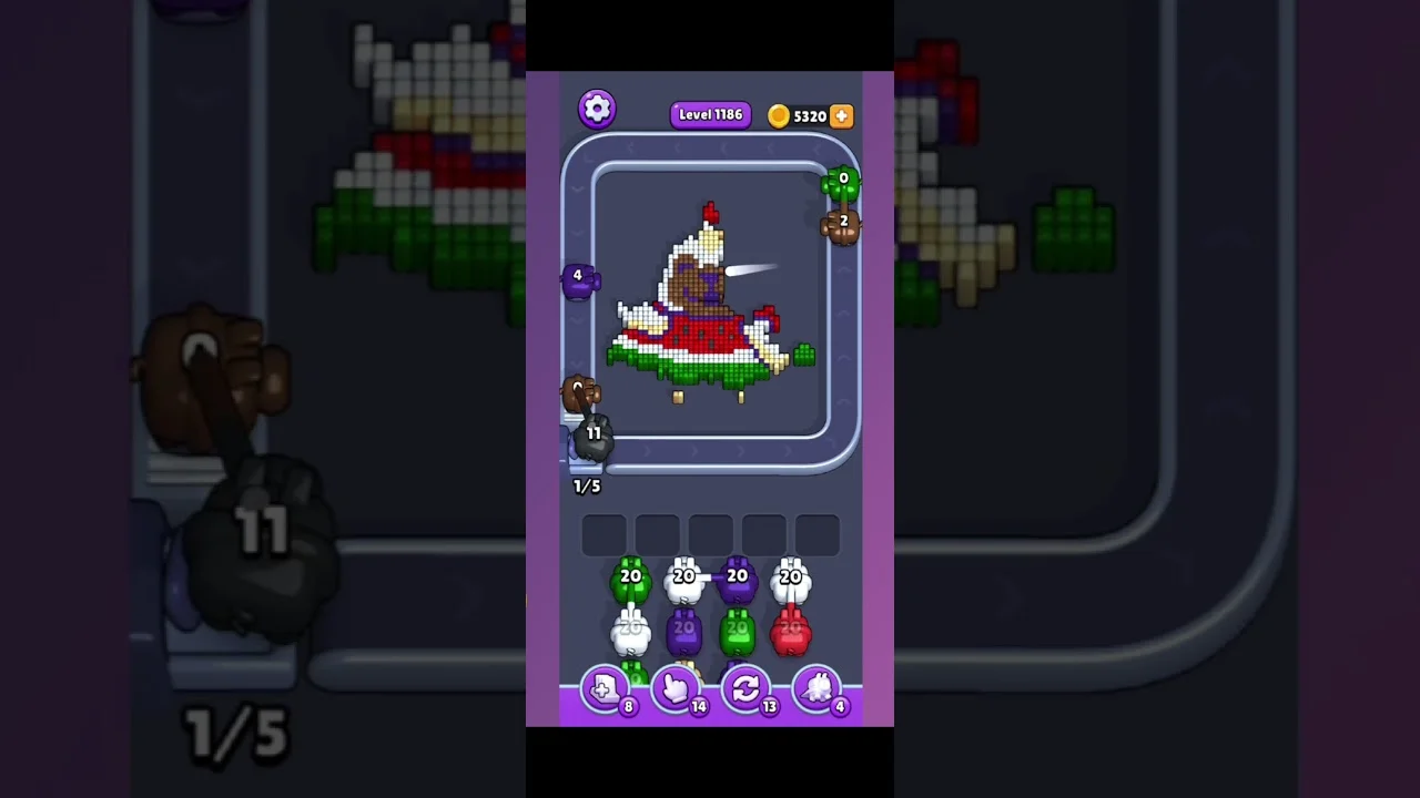 Pixel Flow Level 1186 grid layout and solution screenshot