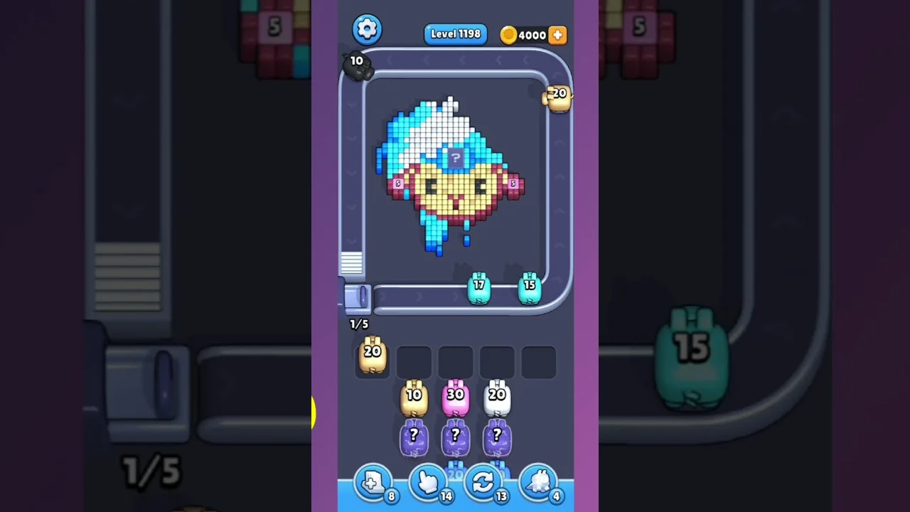 Pixel Flow Level 1198 grid layout and solution screenshot