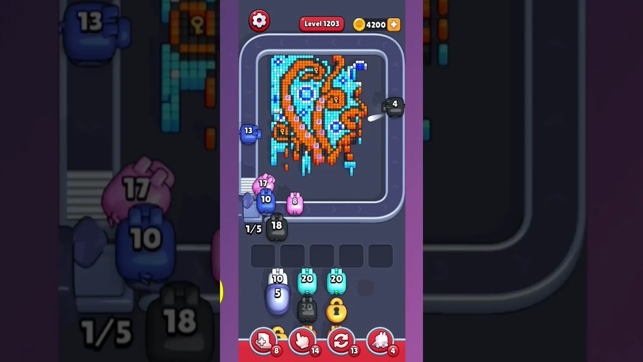 Pixel Flow Level 1203 grid layout and solution screenshot