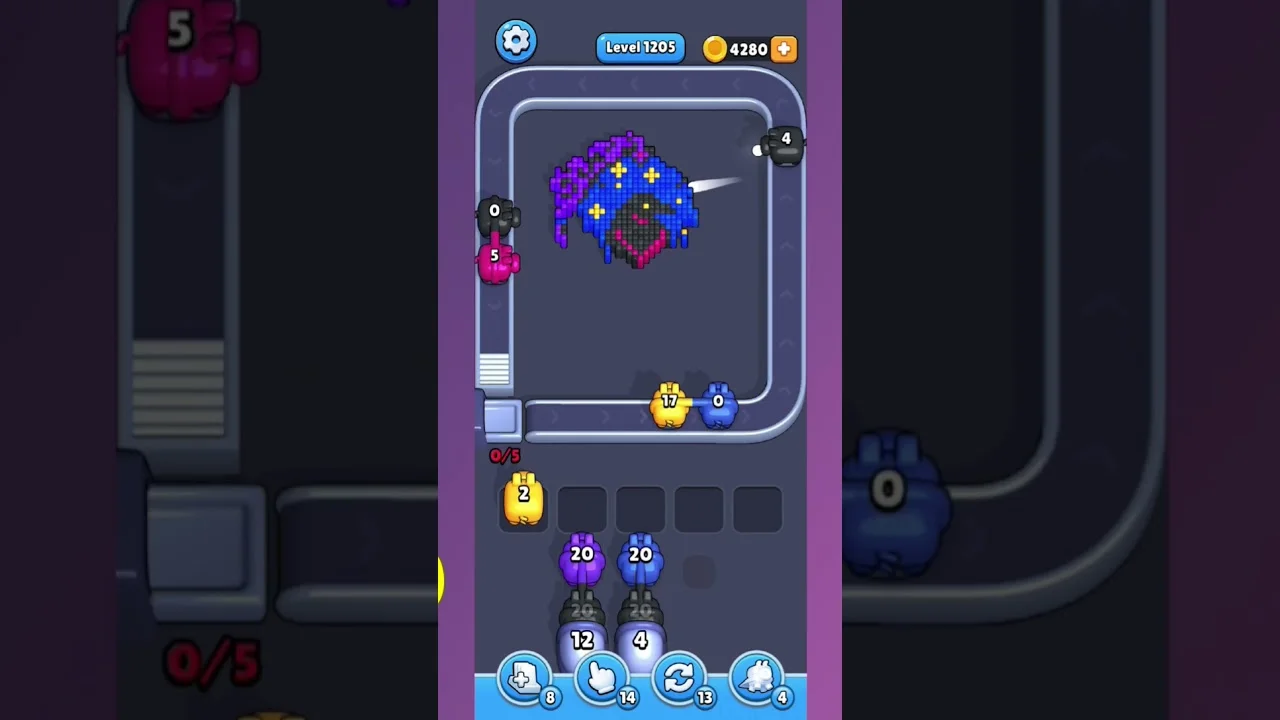 Pixel Flow Level 1205 grid layout and solution screenshot