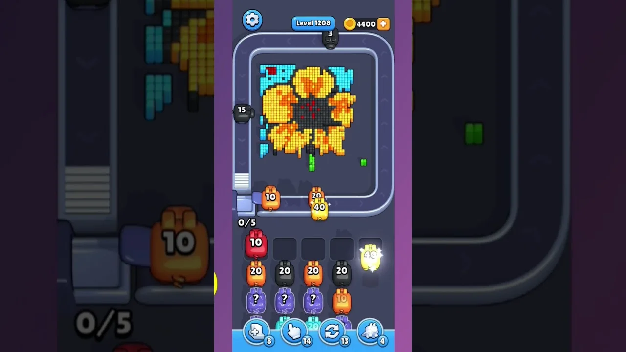 Pixel Flow Level 1208 grid layout and solution screenshot