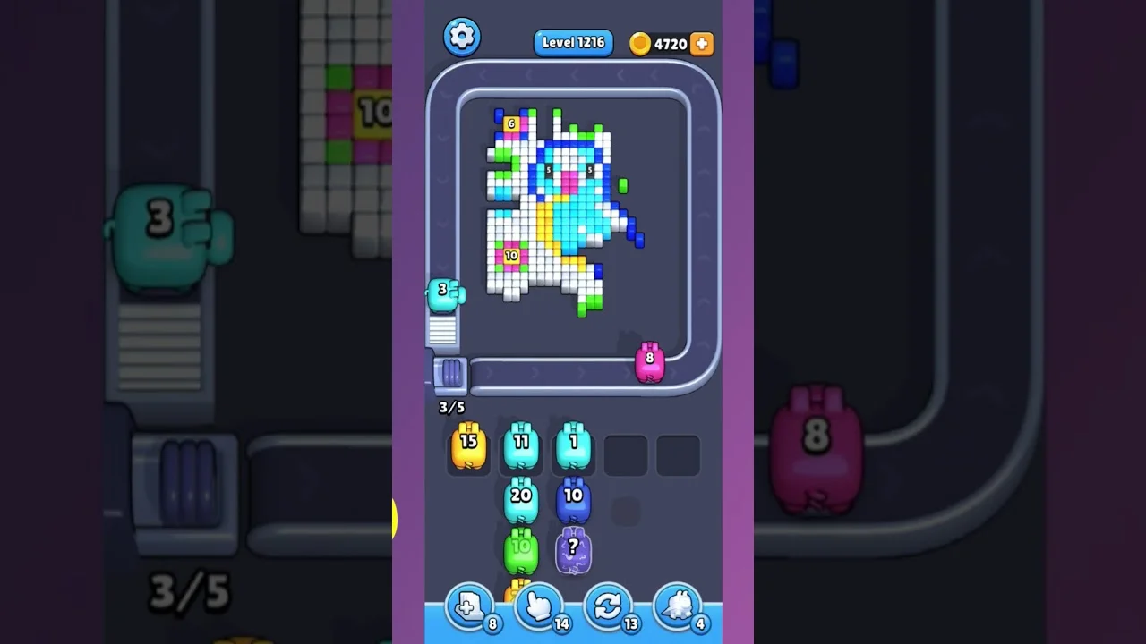 Pixel Flow Level 1216 grid layout and solution screenshot