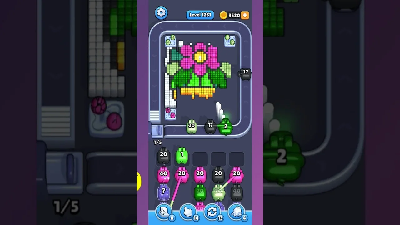 Pixel Flow Level 1231 grid layout and solution screenshot