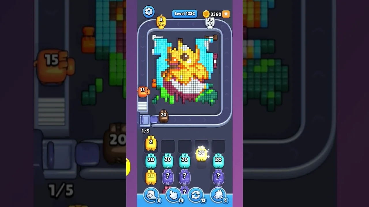 Pixel Flow Level 1232 grid layout and solution screenshot