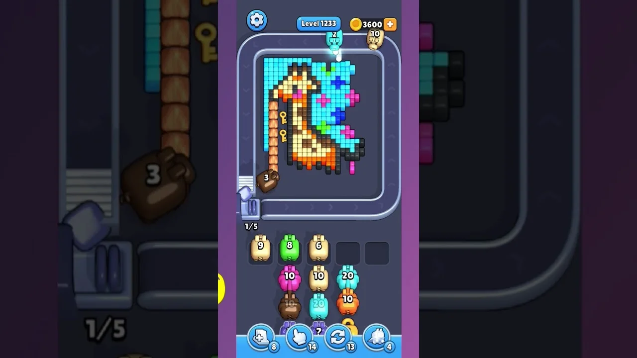 Pixel Flow Level 1233 grid layout and solution screenshot