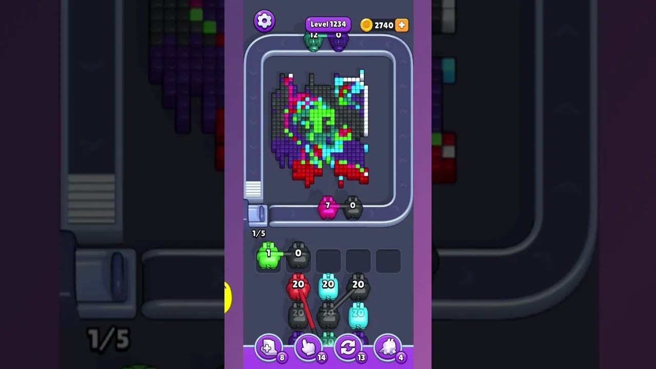 Pixel Flow Level 1234 grid layout and solution screenshot