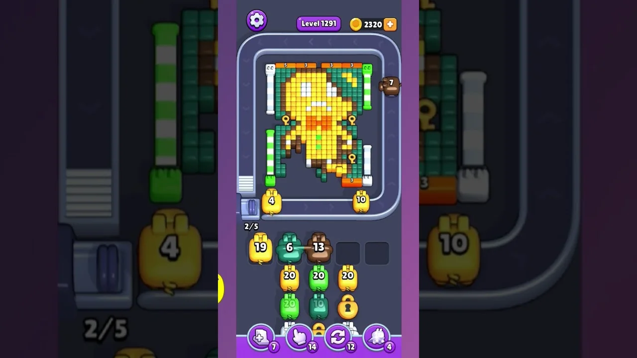 Pixel Flow Level 1291 grid layout and solution screenshot