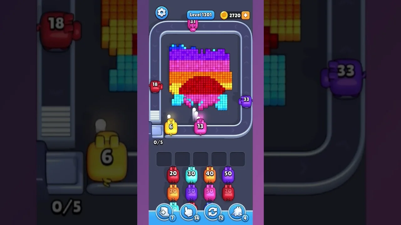 Pixel Flow Level 1301 grid layout and solution screenshot