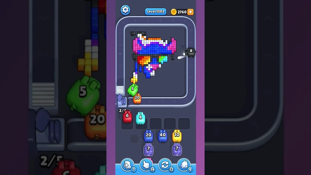 Pixel Flow Level 1302 grid layout and solution screenshot