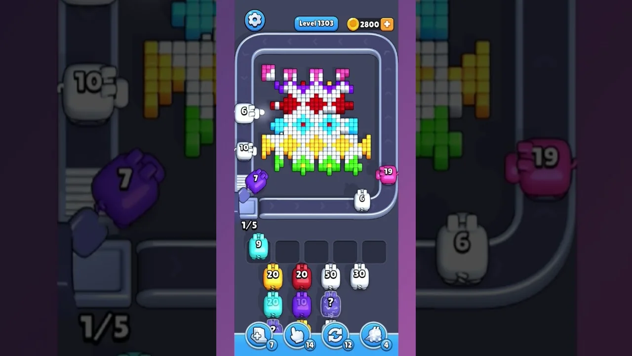 Pixel Flow Level 1303 grid layout and solution screenshot