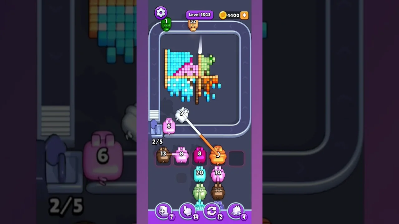 Pixel Flow Level 1343 grid layout and solution screenshot