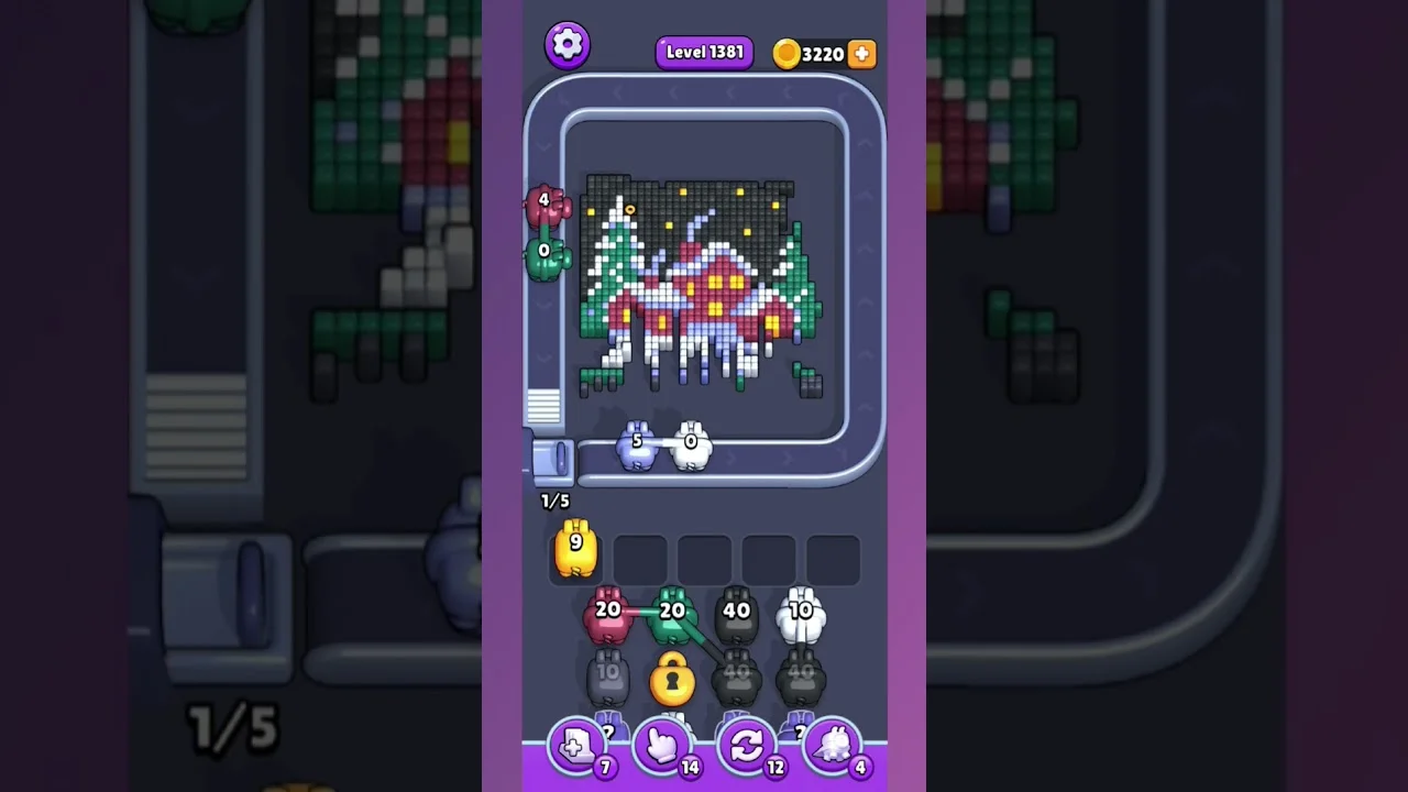 Pixel Flow Level 1381 grid layout and solution screenshot