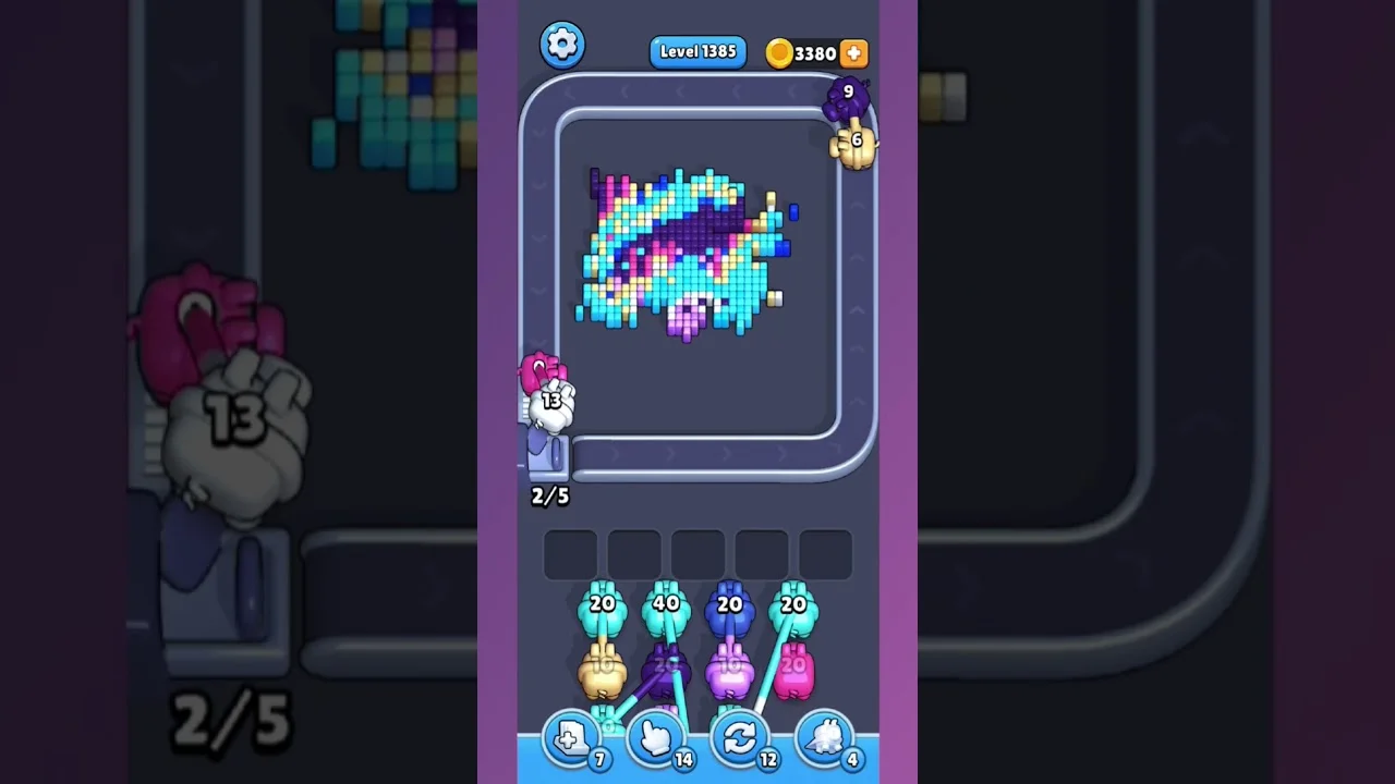 Pixel Flow Level 1385 grid layout and solution screenshot