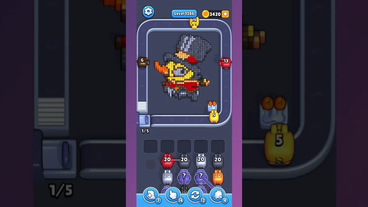 Pixel Flow Level 1386 grid layout and solution screenshot
