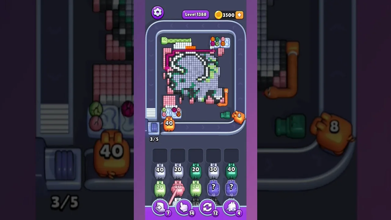 Pixel Flow Level 1388 grid layout and solution screenshot