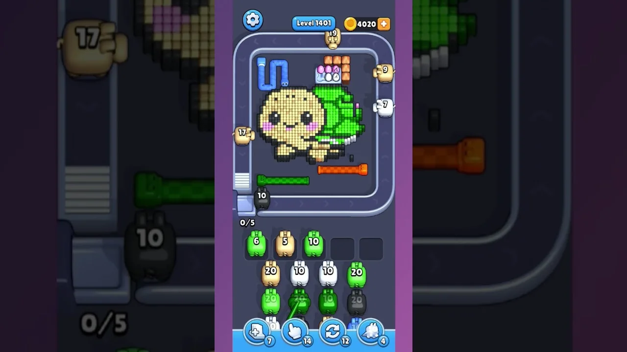 Pixel Flow Level 1401 grid layout and solution screenshot
