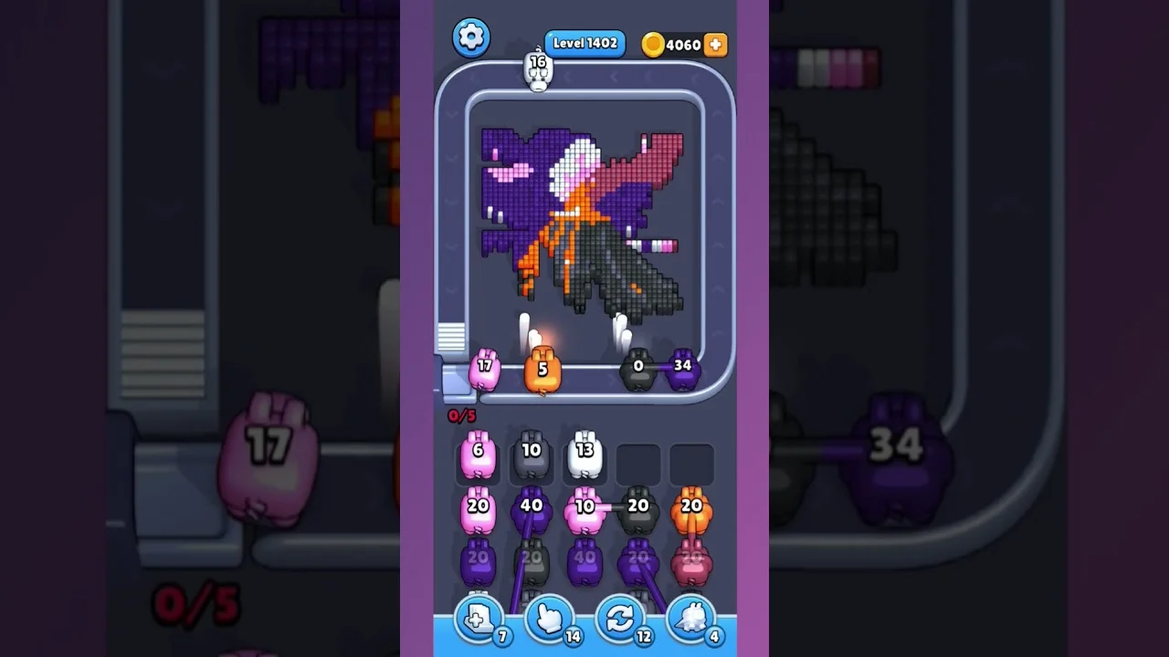 Pixel Flow Level 1402 grid layout and solution screenshot