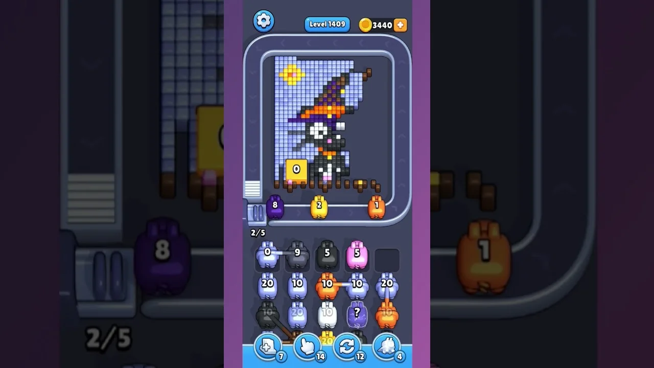 Pixel Flow Level 1409 grid layout and solution screenshot