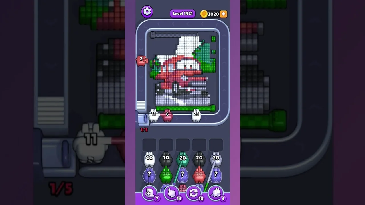 Pixel Flow Level 1421 grid layout and solution screenshot