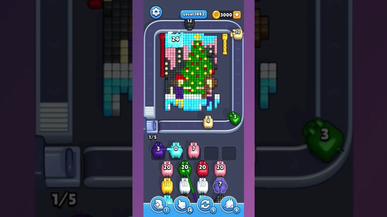 Pixel Flow Level 1443 grid layout and solution screenshot