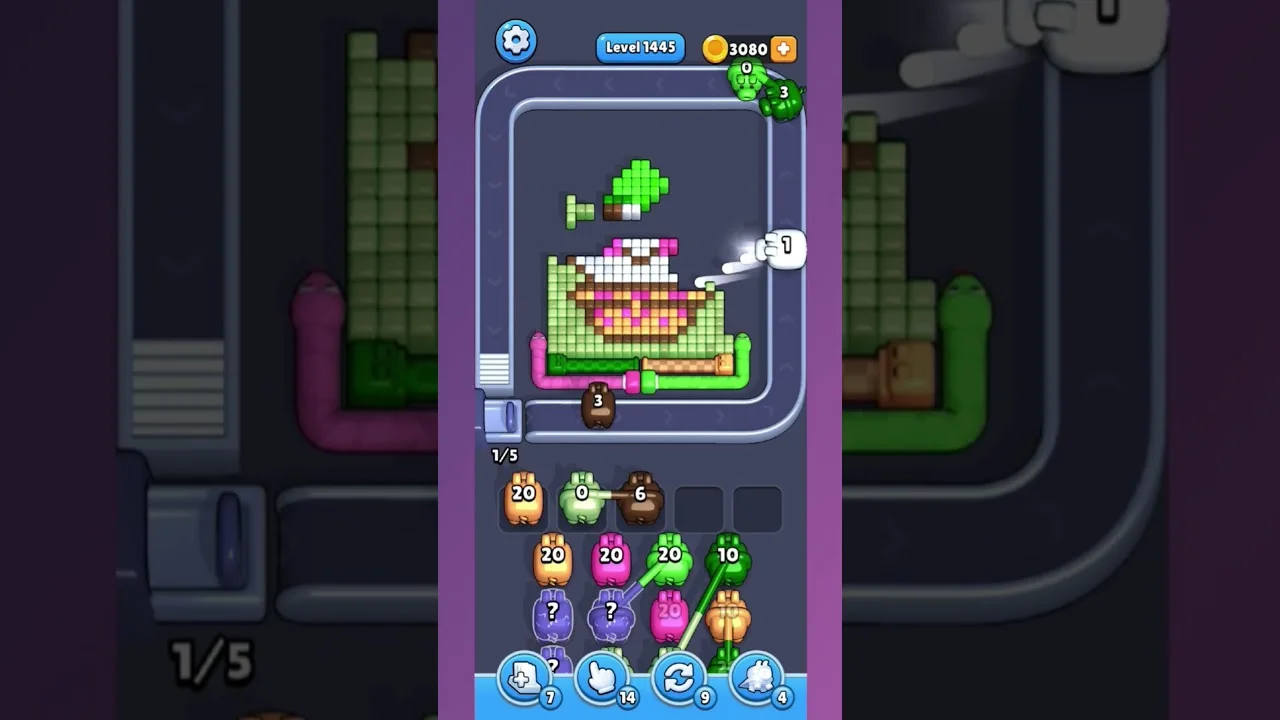 Pixel Flow Level 1445 grid layout and solution screenshot