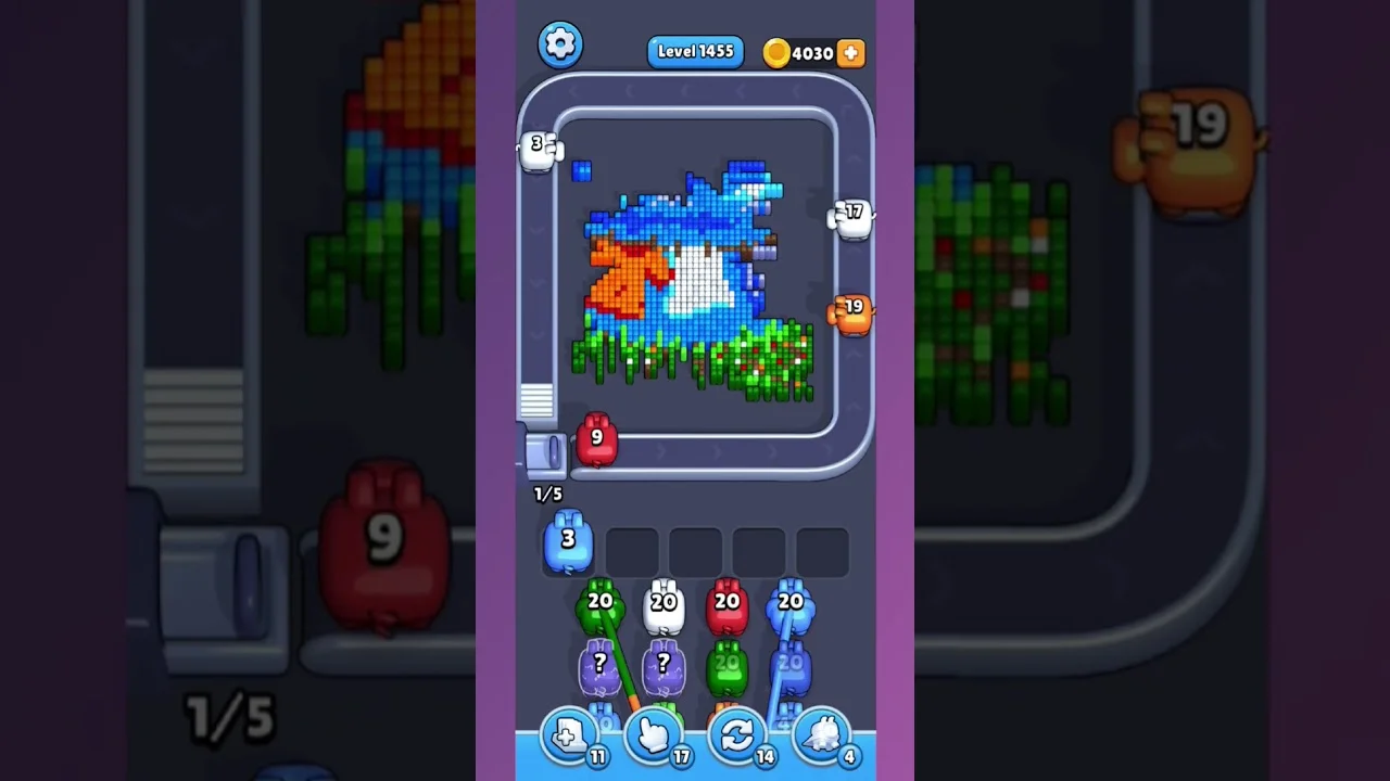 Pixel Flow Level 1455 grid layout and solution screenshot