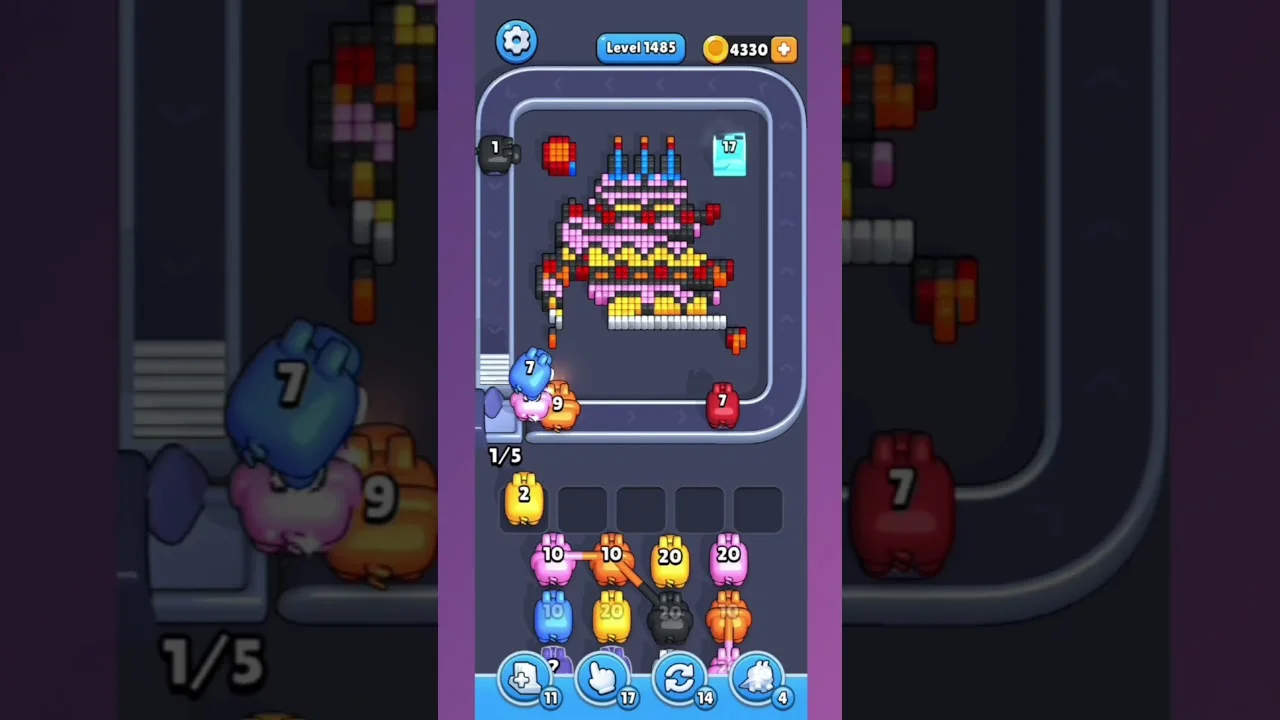 Pixel Flow Level 1485 grid layout and solution screenshot