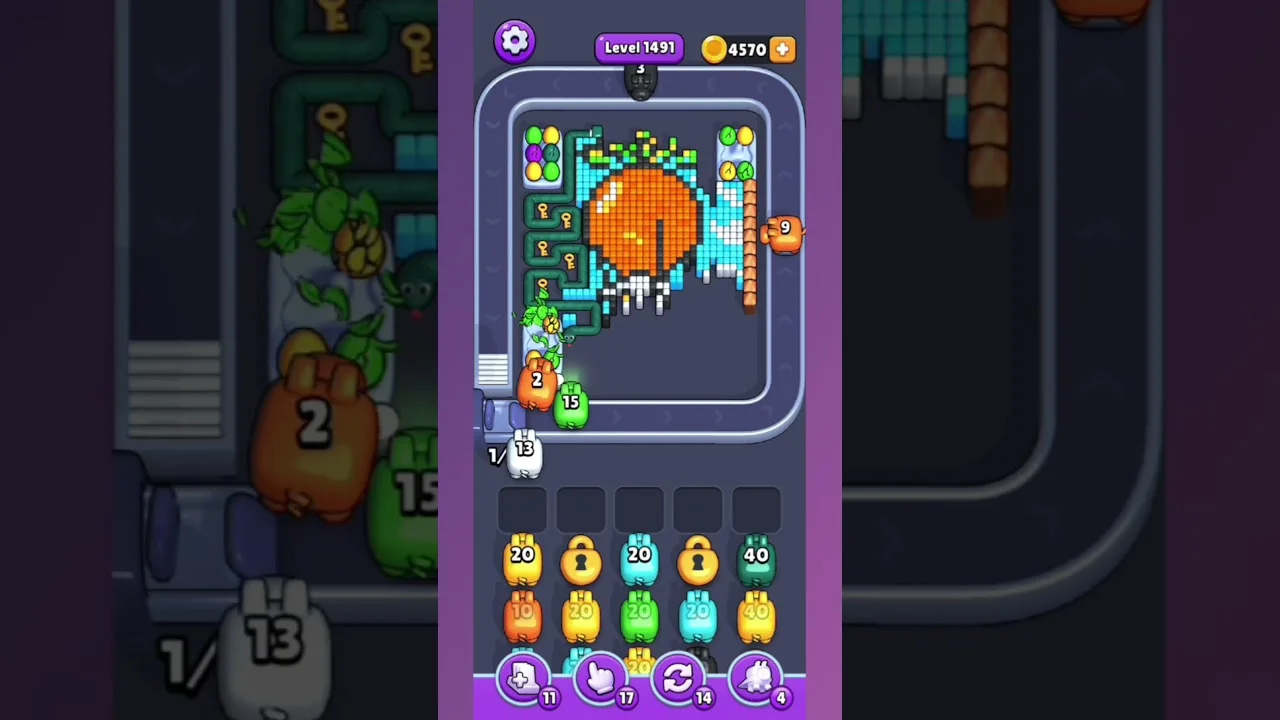 Pixel Flow Level 1491 grid layout and solution screenshot