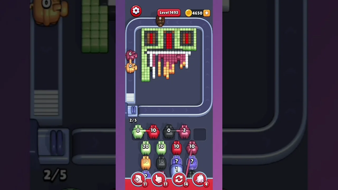 Pixel Flow Level 1493 grid layout and solution screenshot