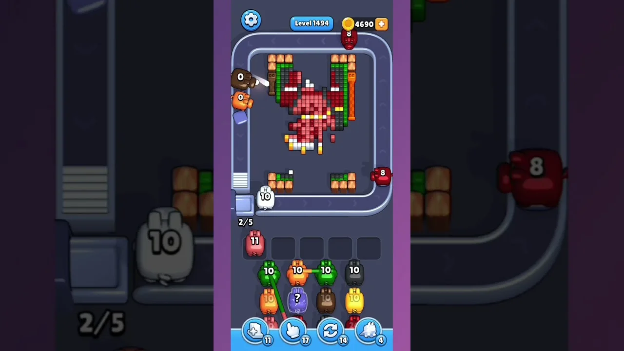 Pixel Flow Level 1494 grid layout and solution screenshot
