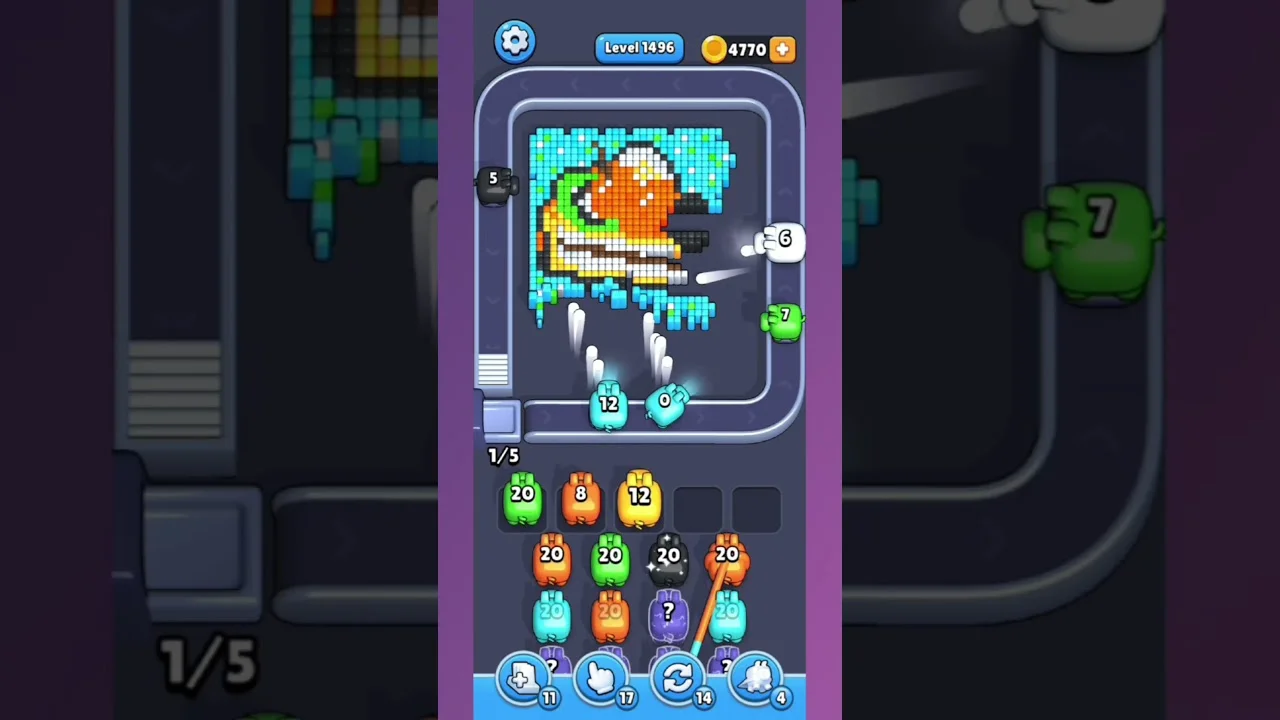 Pixel Flow Level 1496 grid layout and solution screenshot