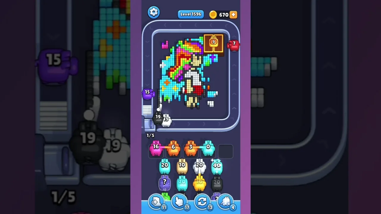 Pixel Flow Level 1596 grid layout and solution screenshot