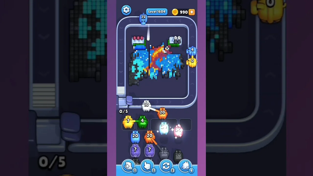 Pixel Flow Level 1604 grid layout and solution screenshot