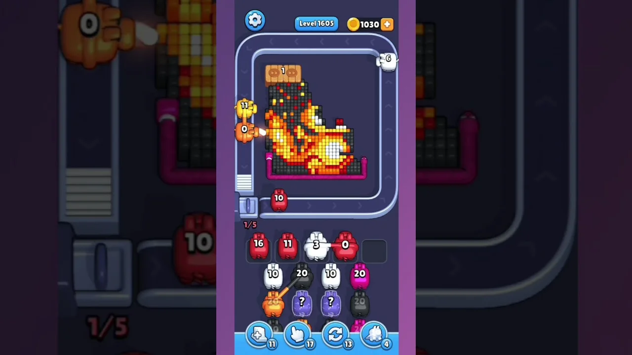 Pixel Flow Level 1605 grid layout and solution screenshot