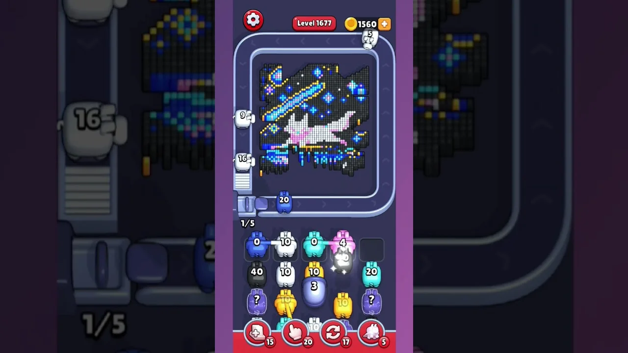 Pixel Flow Level 1677 grid layout and solution screenshot