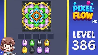 Pixel Flow Level 386 grid layout and solution screenshot